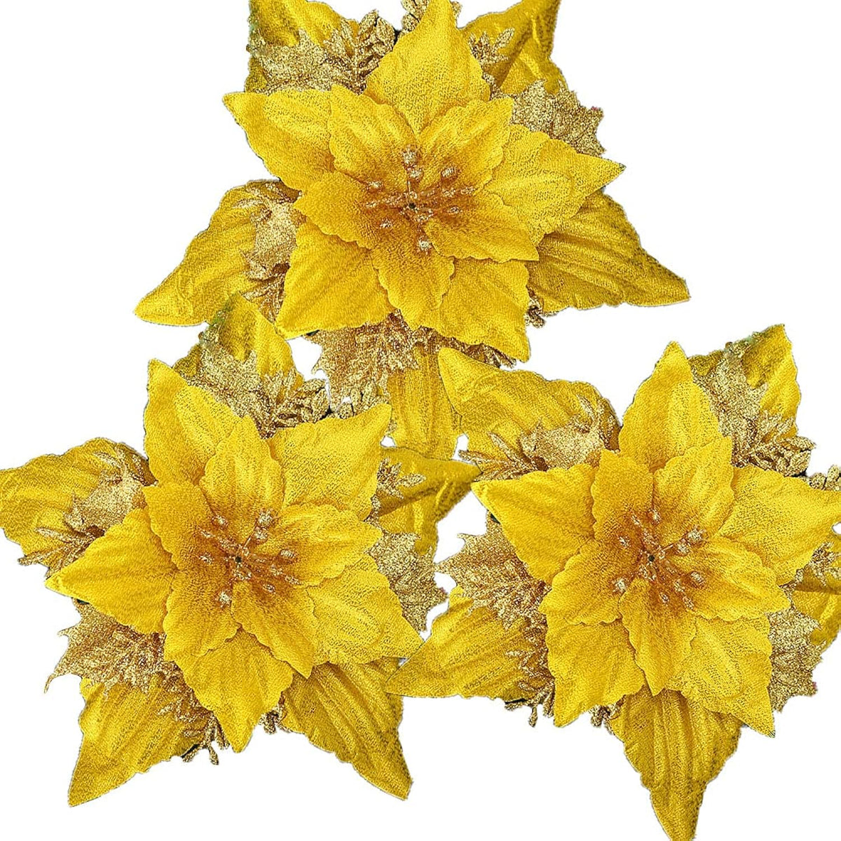 12Pcs Glitter Christmas Poinsettia Flowers 7 Inch Large Artificial Flower Ornament For Xmas Tree Wedding Birthday Festival Holiday Party Home Decoration (Gold)