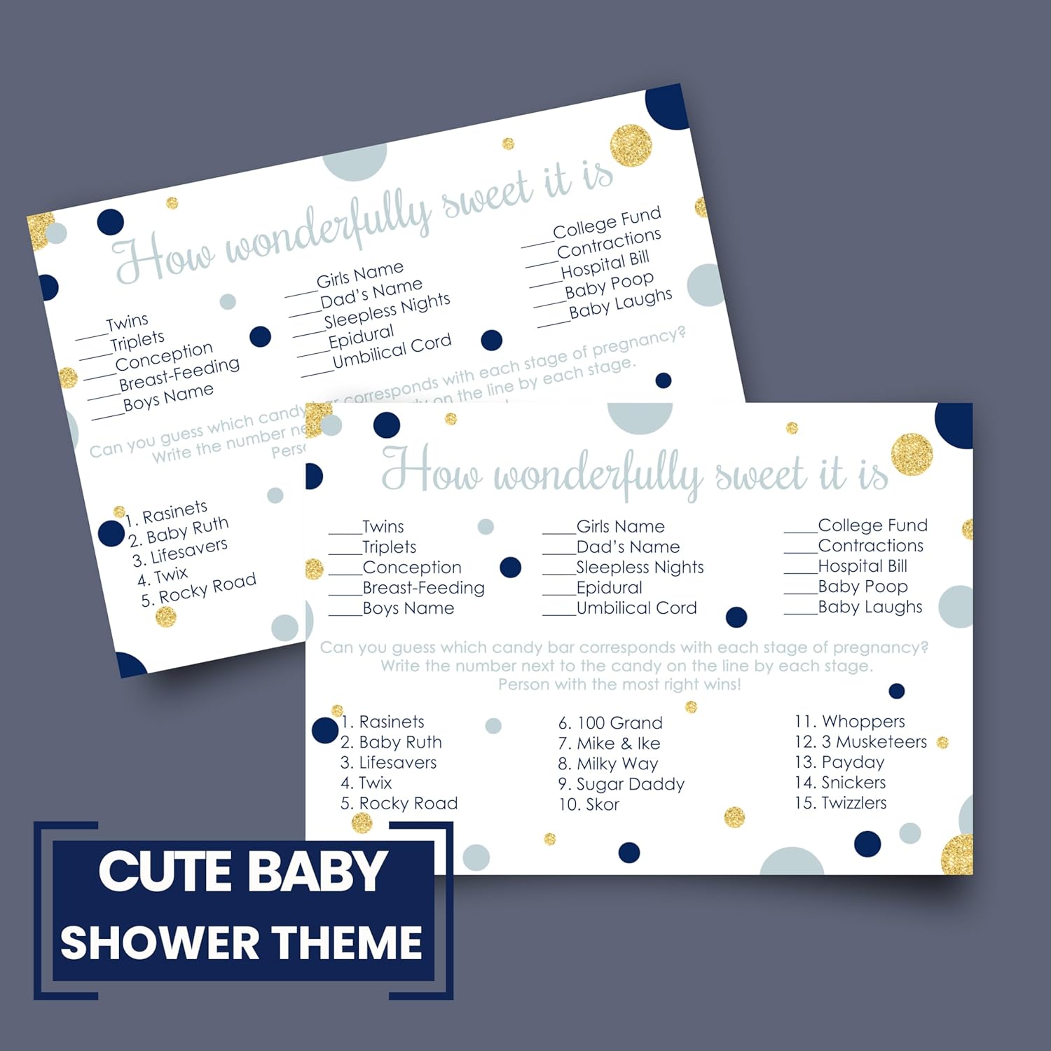 Navy And Gold Baby Shower Game - Candy Bar Matching Activity Cards - Guess The Stages Of Pregnancy And Parenthood - Funny Game For Guests - Royal Prince Little Star Theme - 25 Pack