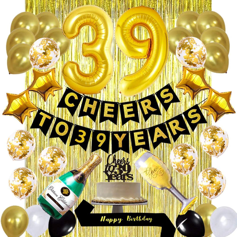 Gold 39Th Birthday Decorations Kit, Cheers To 39 Years Banner Balloons