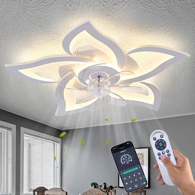 White Flower Ceiling Fan with Light and Remote Low Profile LED Dimmable Flush Mount