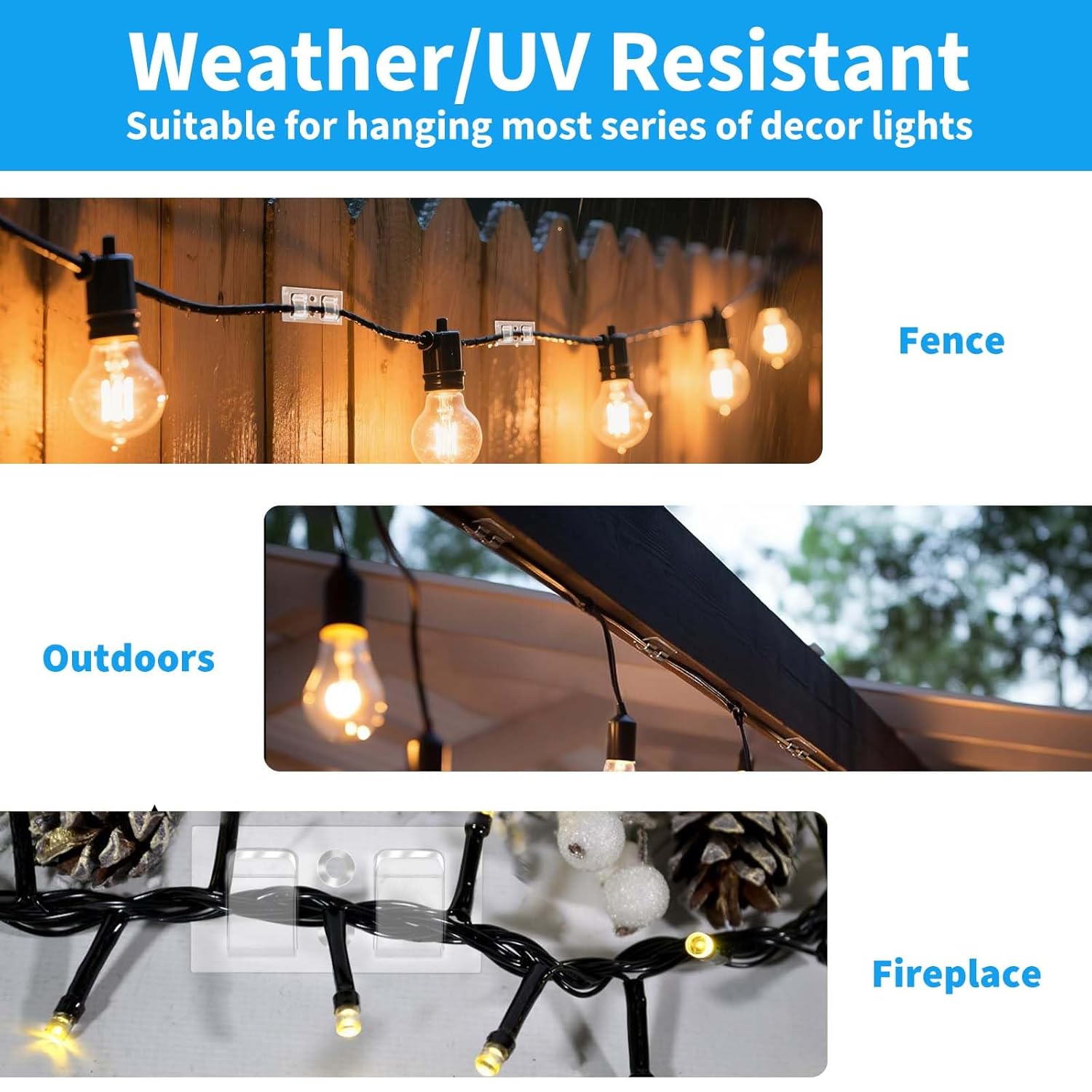 Hooks For Outdoor String Lights Clips: 30Pcs Heavy Duty Light Hook With Waterproof Adhesive Strips - Outside Clear Cord Holders For Hanging Christmas Lighting - Outdoors Sticky Clip (30)