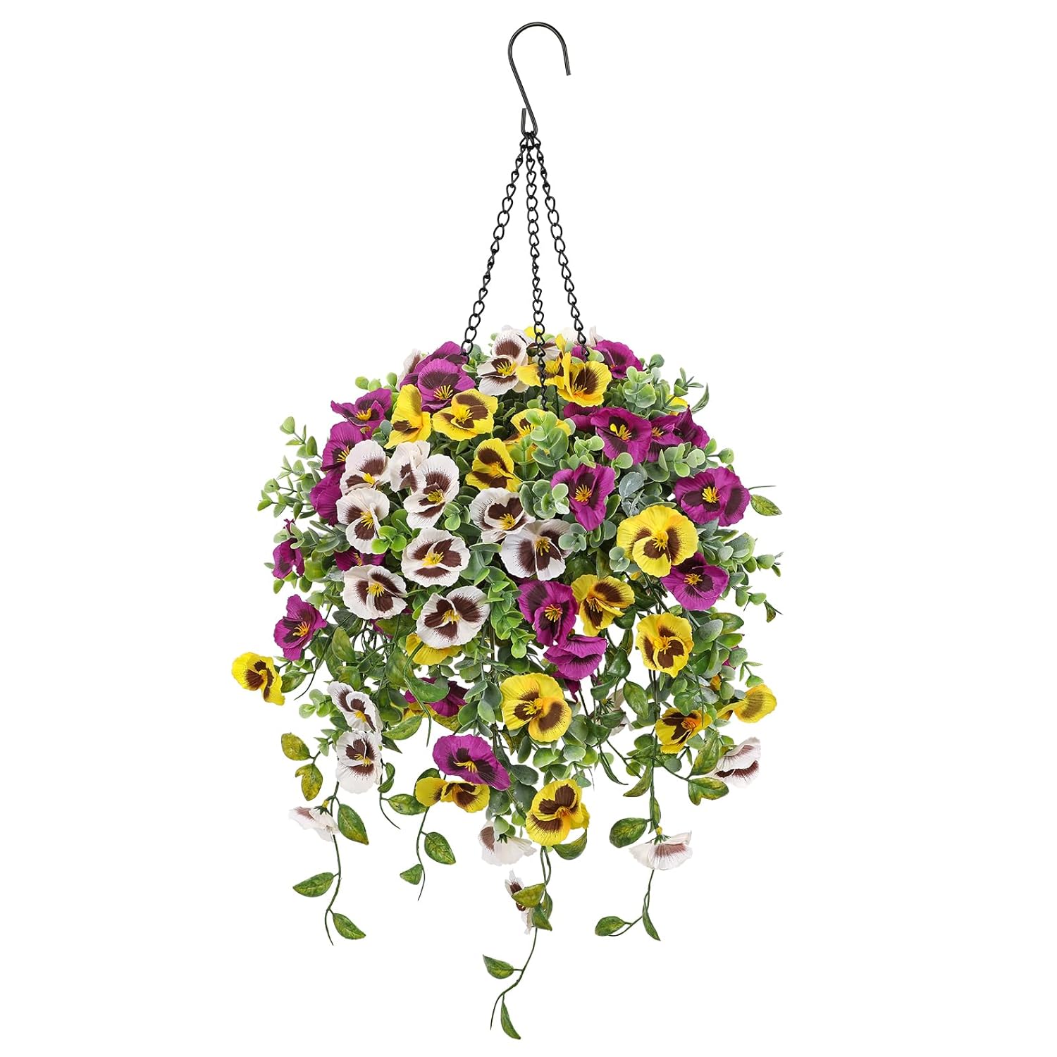 Artificial Hanging Basket Flowers Outdoor – 25.5” Uv-Resistant Pansy Hanging Plant With 15.3” Full Bloom Ball, Lush Trailing Faux Flowers For Porch, Balcony, Patio & Garden Year-Round Decor