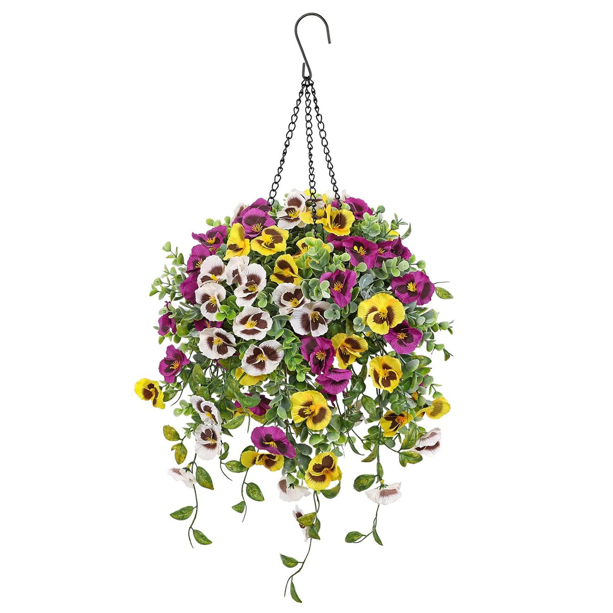 Artificial Hanging Basket Flowers Outdoor – 25.5” Uv-Resistant Pansy Hanging Plant With 15.3” Full Bloom Ball, Lush Trailing Faux Flowers For Porch, Balcony, Patio & Garden Year-Round Decor
