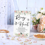 Bridal Shower Games With Rings Funny Hunt Games Sign Wooden Game Sign And 100 Mini Plastic Fake Rings With Diamond For Bride Shower Game Wedding Winner Gifts Party Favors(Flower)