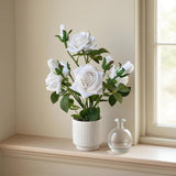 Artificial Rose Plant With Ceramic Vase,Home Decor Potted Floral Arrangement,Silk Roses Artificial Flowers (White)