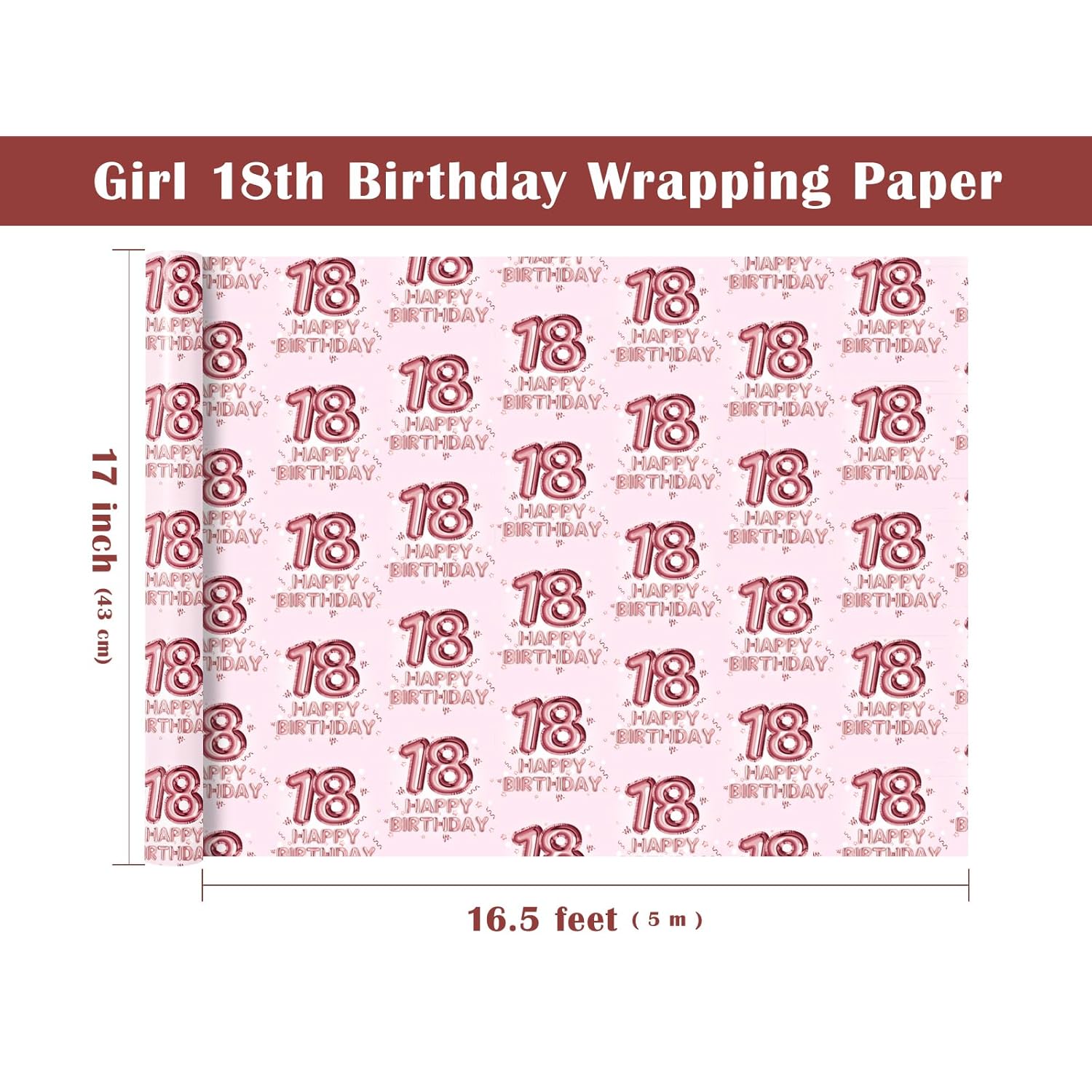Girl 18Th Birthday Wrapping Paper - Mini Roll - 17 Inch X 16.5 Feet - Happy Birthday Wrapping Paper Perfect For Girls, Party, Holiday
