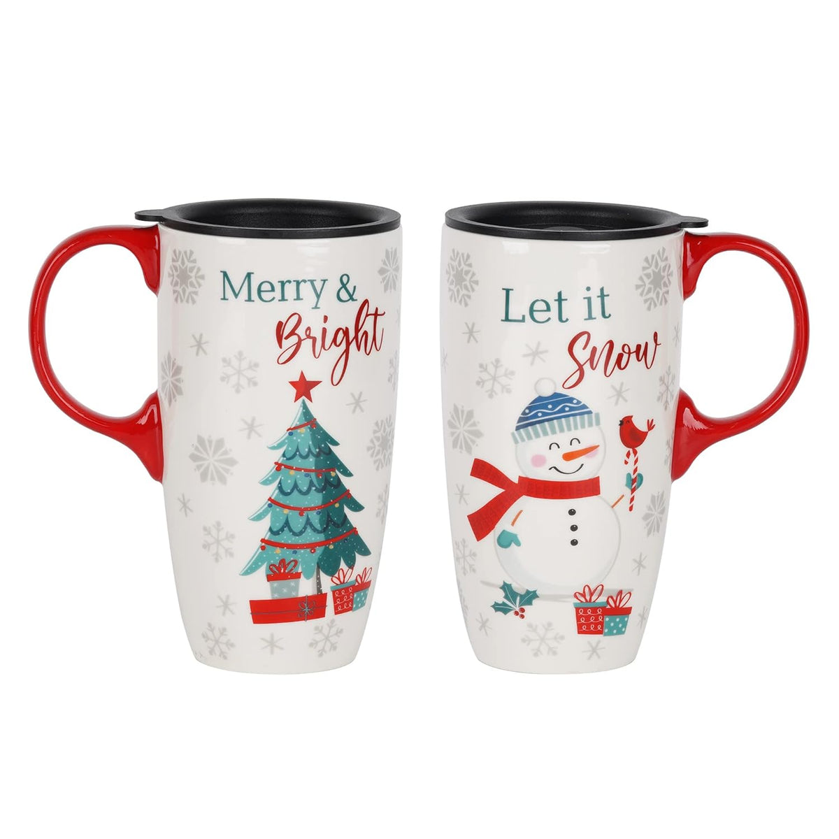Christmas Ceramic Coffee Mug Tall Ceramic Cup With Lid And Matching Color Box Latte Mug.17 Oz. Christmas Tree And Snowman,Set Of 2