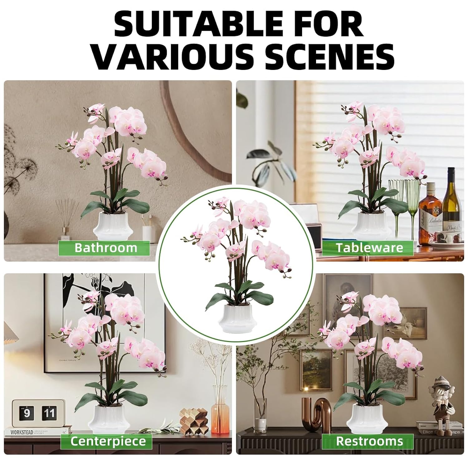 Artificial Orchid Flower Plant 20.9'' Real Touch Faux Orchids In Ceramic Vase Pink Fake Phalaenopsis Flower Arrangement Silk Orchids With Stems For Centerpiece Table Home Indoor Decor