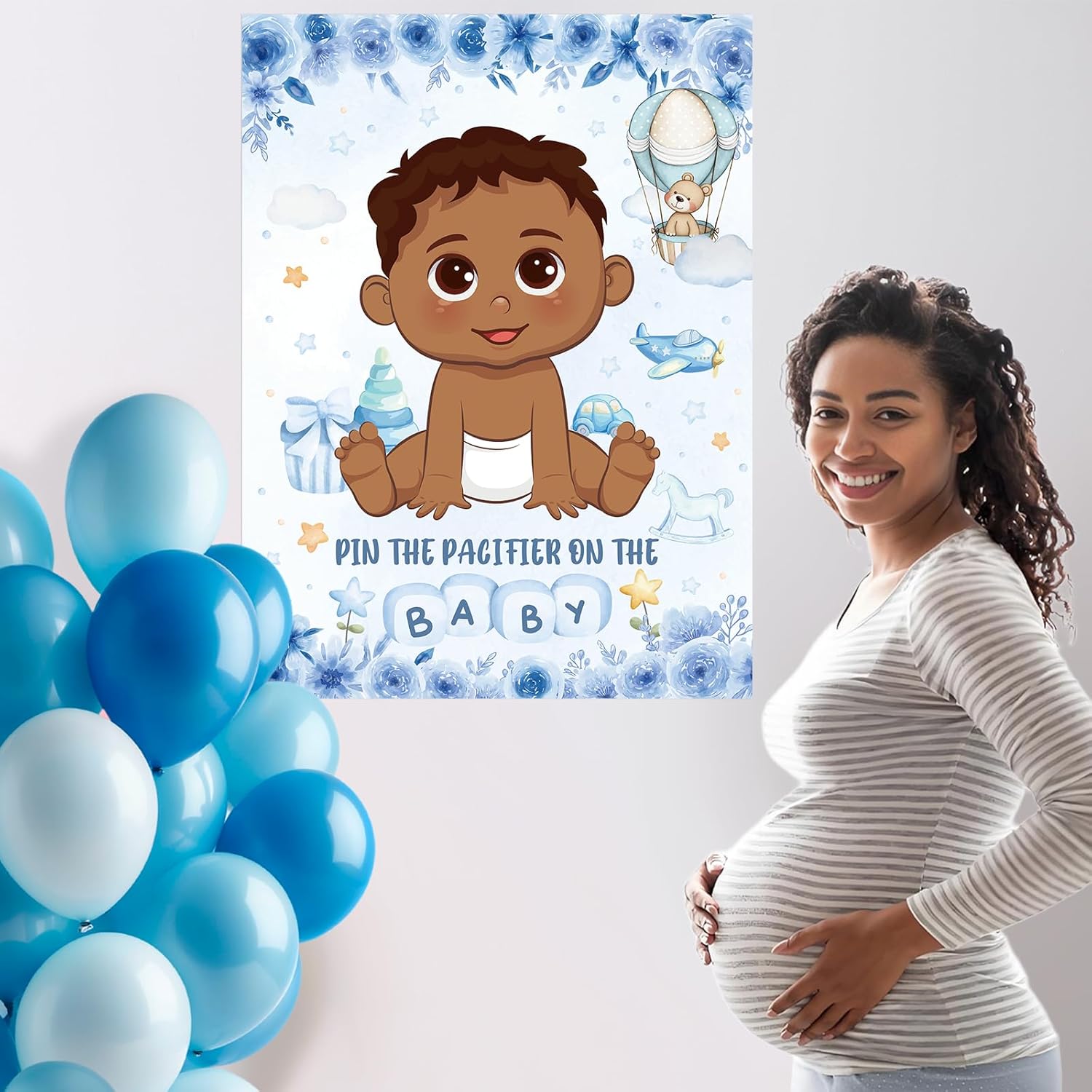 Pin The Pacifier On The Baby Game, Blue Baby Shower Party Decoration Include Large Poster With Blindfold 48 Pacifier Stickers Game For Blue Bear Birthday Party Supplies(Brown)