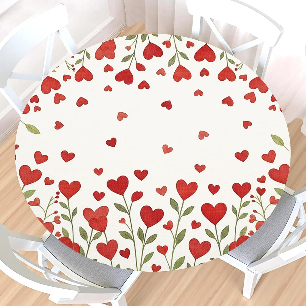 Valentines Day Round Fitted Tablecloth With Elastic Edge,Water-Resistant Wipeable Valentine'S Day Red Heart Floral Green Leaf Table Cover For 40-44" Stretch Table Cloth For Dinner Indoor Outdoor