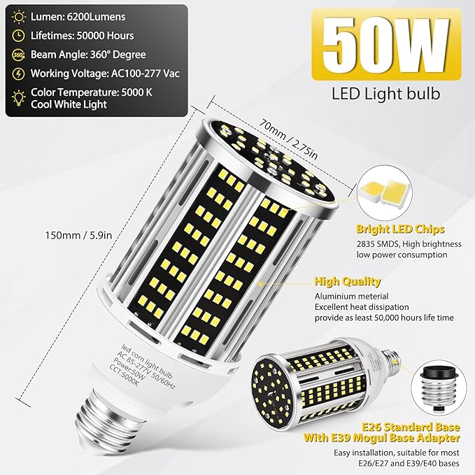 LED Corn Light Bulbs 6 Pack 50W 6500LM 500W Equivalent 5000K Daylight E26/E39 Warehouse Garage Lighting