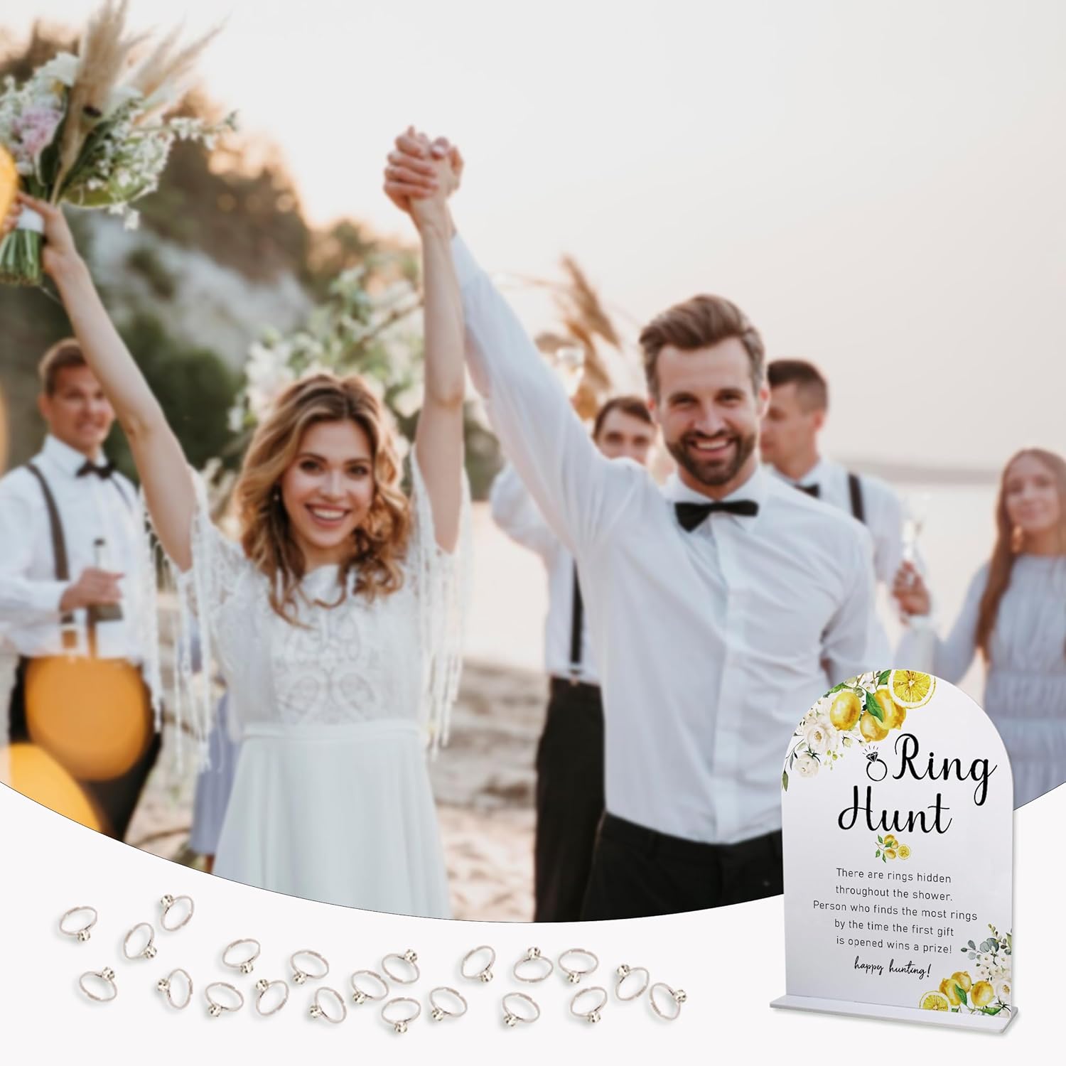 Lemon Bridal Shower Party Ring Scavenger Hunt, The Ring Hunt Game, 1 Sign & 30 Rings, Bridal Shower Decoration, Wedding Party Games(Xzjz13)
