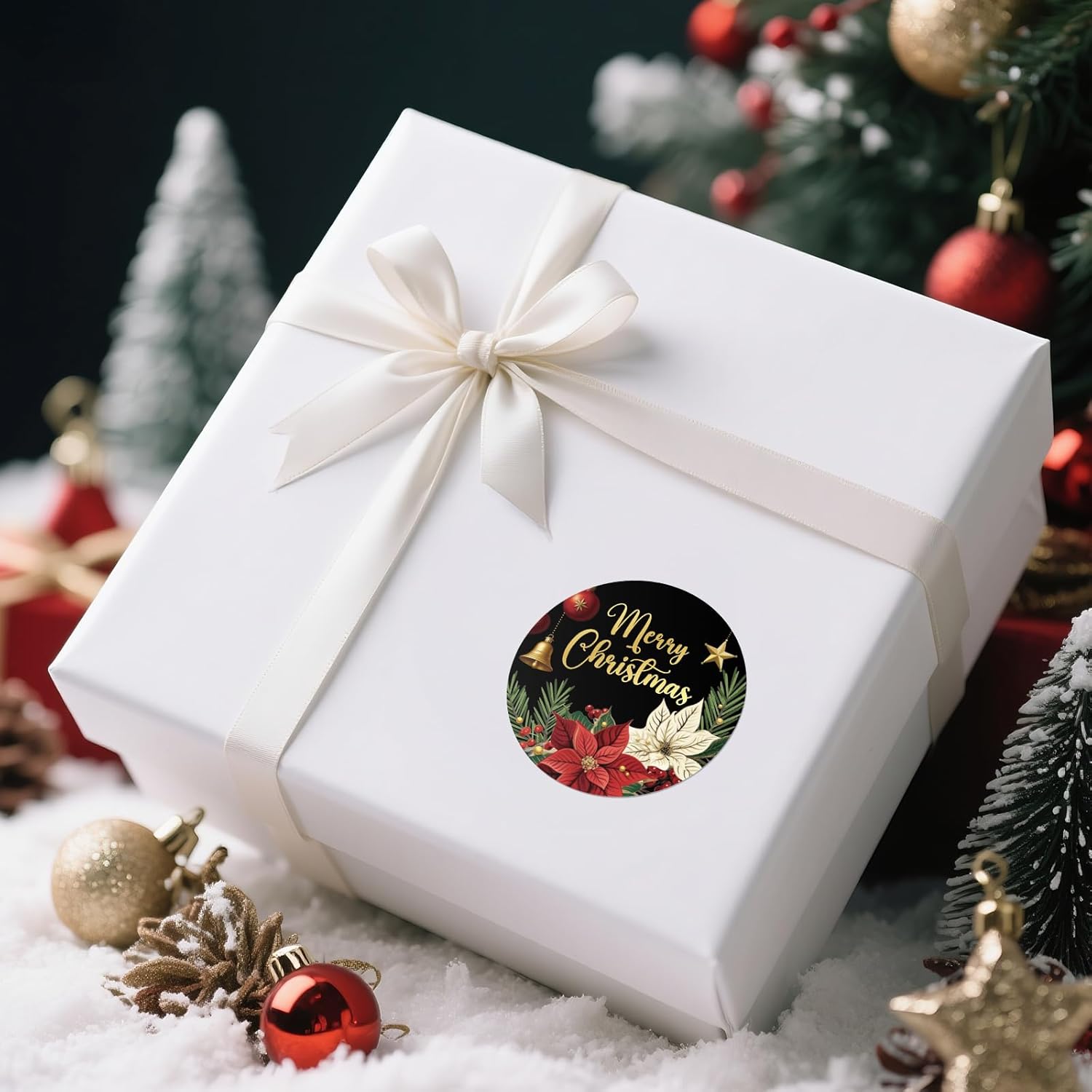 Merry Christmas Stickers - 2 Inch Holiday Stickers 120Pcs Large Round Christmas Card Sticker Labels Self-Adhesive Xmas Poinsettias Sticker For Envelope Seals Card Ornament (Black)