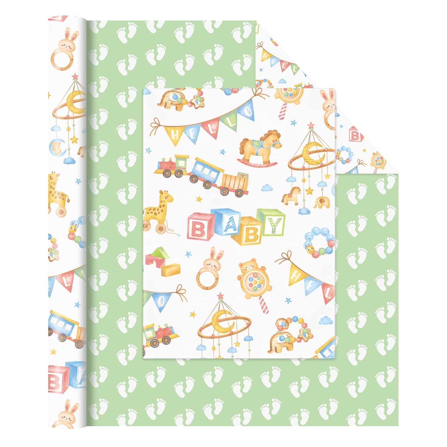 Baby Shower Wrapping Paper - 1 Roll 17”X 33 Ft Gender Neutral Baby Gift Wrap Newborn Toys Design Gift Packing For Boy & Girl Party Decor Reversible Footprint Print