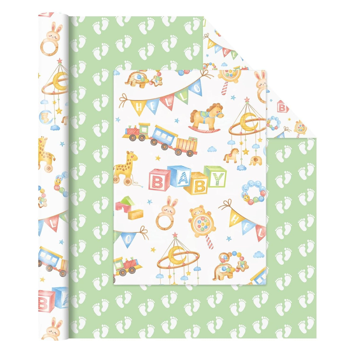 Baby Shower Wrapping Paper - 1 Roll 17”X 33 Ft Gender Neutral Baby Gift Wrap Newborn Toys Design Gift Packing For Boy & Girl Party Decor Reversible Footprint Print