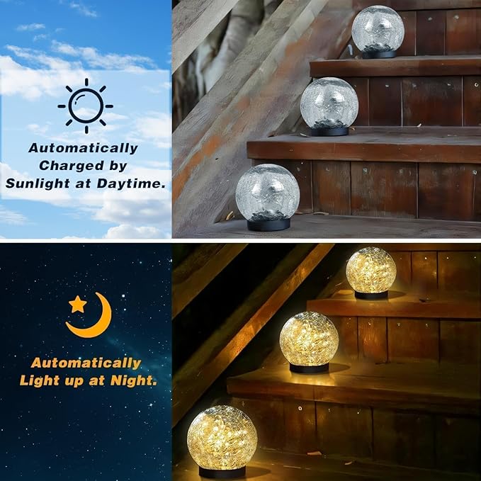 6 Pack Solar Cracked Glass Globe Lights Waterproof Garden Landscape Pathway Decor