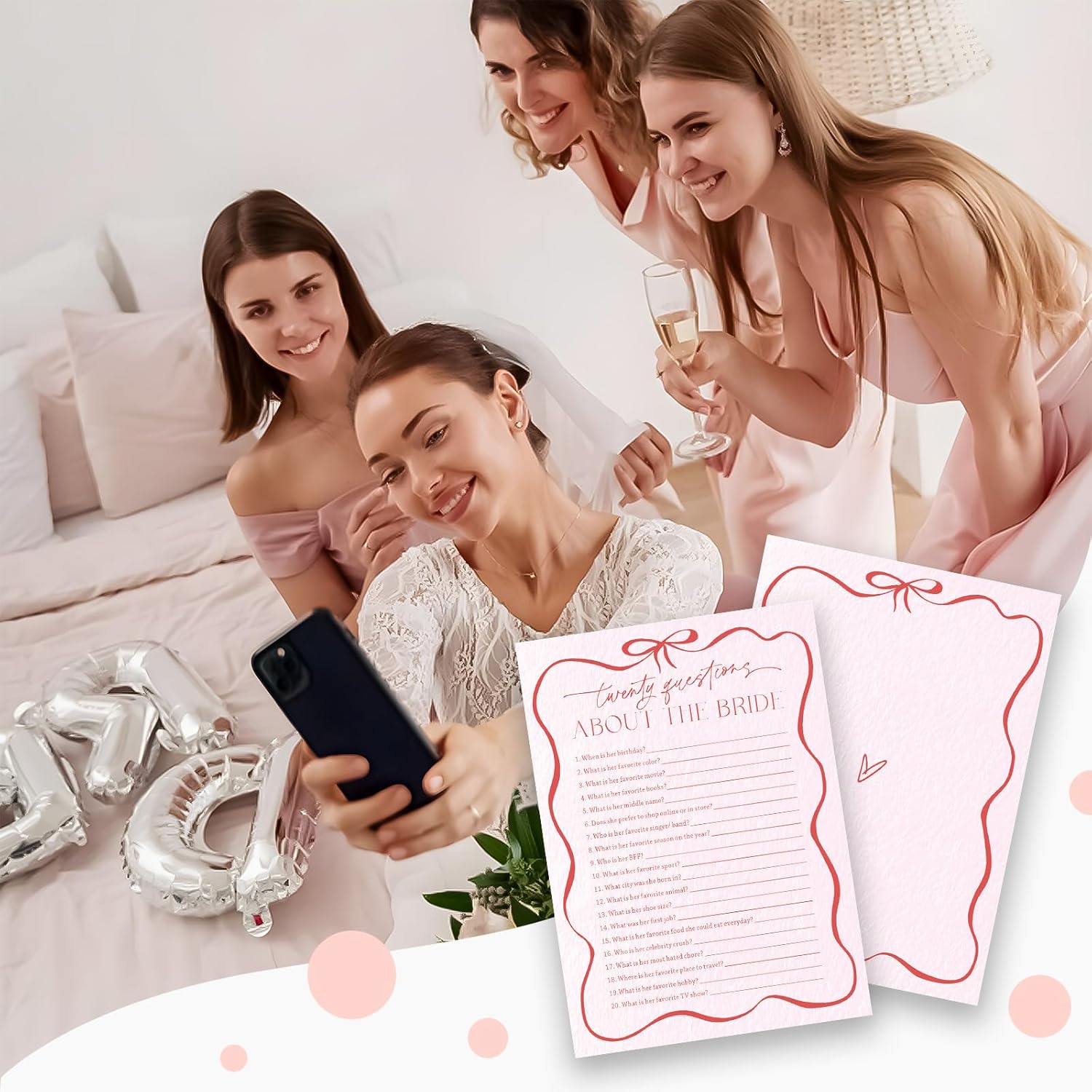 5" X 7" Pink Bow Bride Bridal Shower Game Cards - Twenty Questions About The Bride - 30 Pcs Double-Sided Fill-In Wedding Game Cards, Engagement & Wedding Party, Activities & Decor - A08