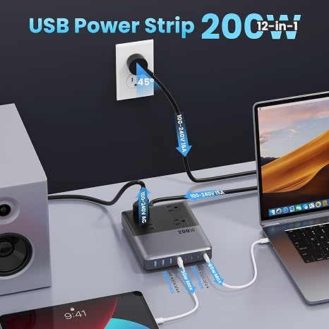 200W GaN USB C Charging Station 12 in 1 Power Strip 4 Outlets 8 USB Ports 5FT Extension Cord