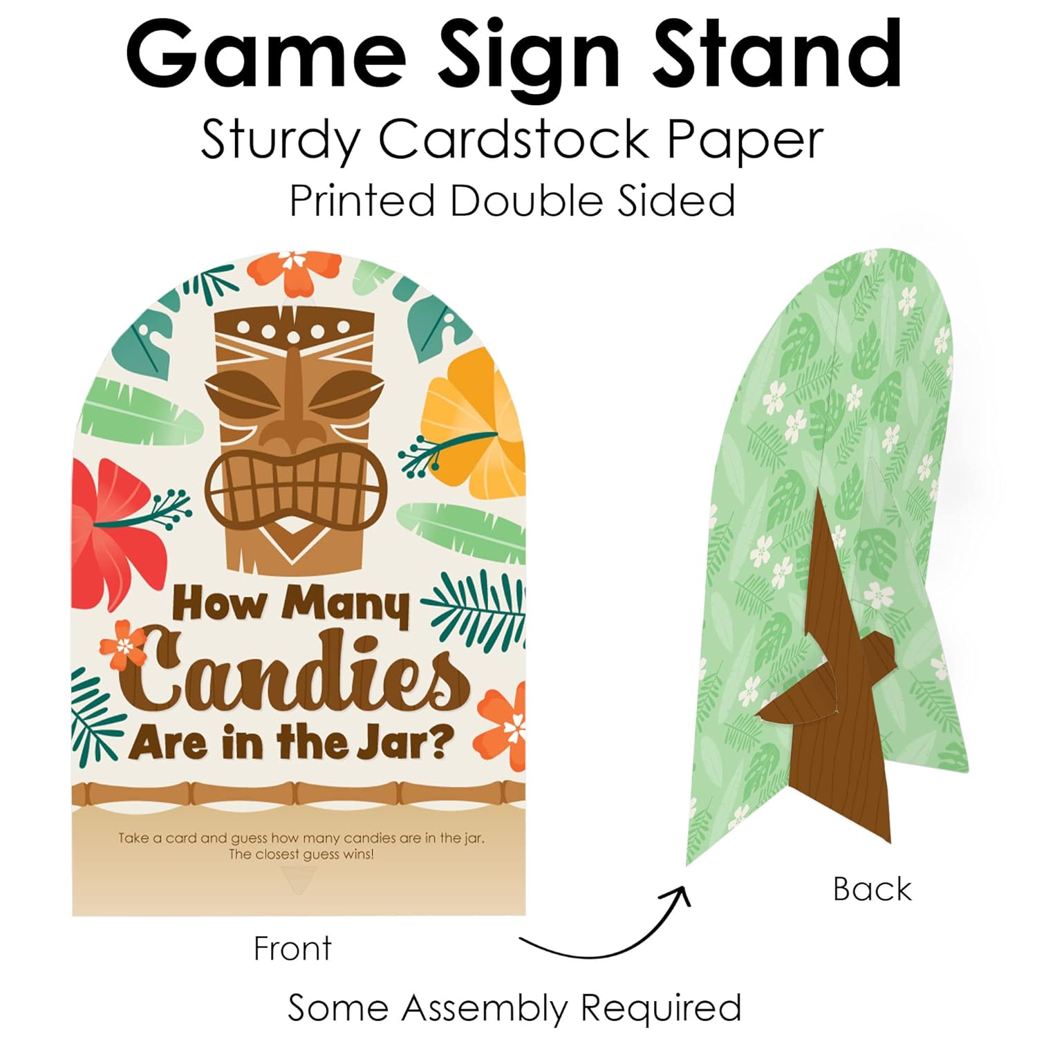 Big Dot of Happiness Tropical Luau - How Many Candies Hawaiian Beach Party Game - 1 Stand and 40 Cards - Candy Guessing Game