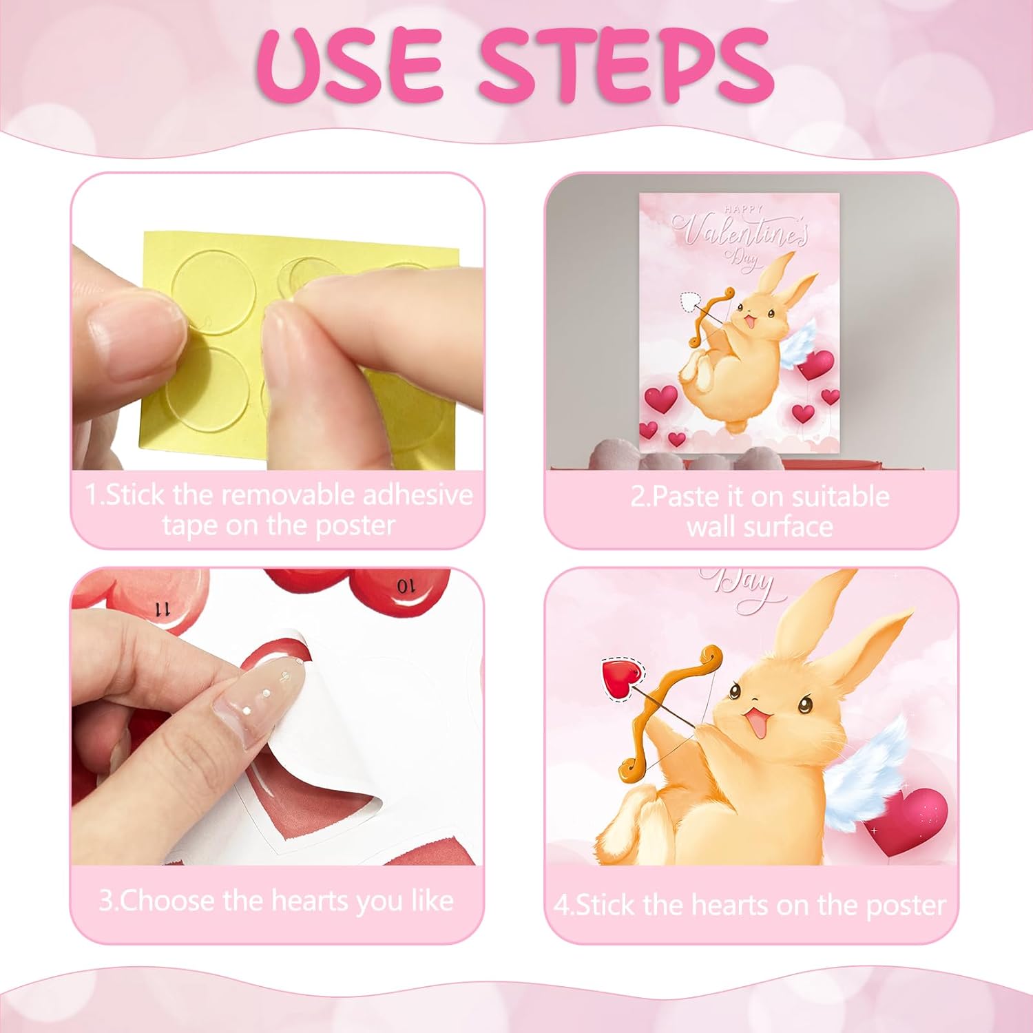 Valentines Game Pin The Heart On Rabbit Poster Game With 24 Stickers Valentine'S Party Decorations Cute Bunny Engagement Wedding Birthday Favor Supplies