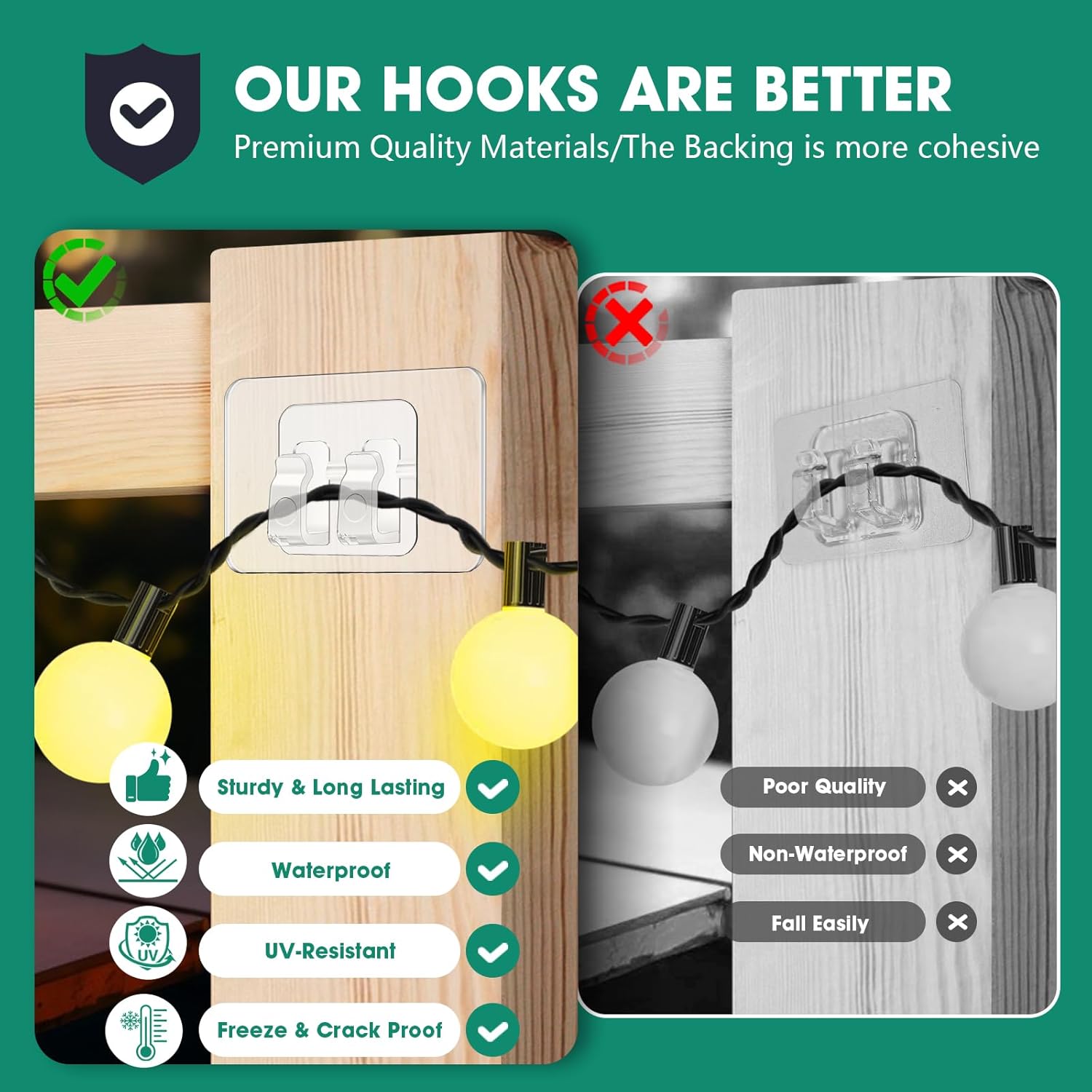 Hooks For Outdoor String Lights-100Pcs Heavy Duty Hooks With Adhesive Strips?No Holes, No Tools, No Drill Light Clips, Perfect For Christmas And Patio Decor.- Outdoors Sticky Clip