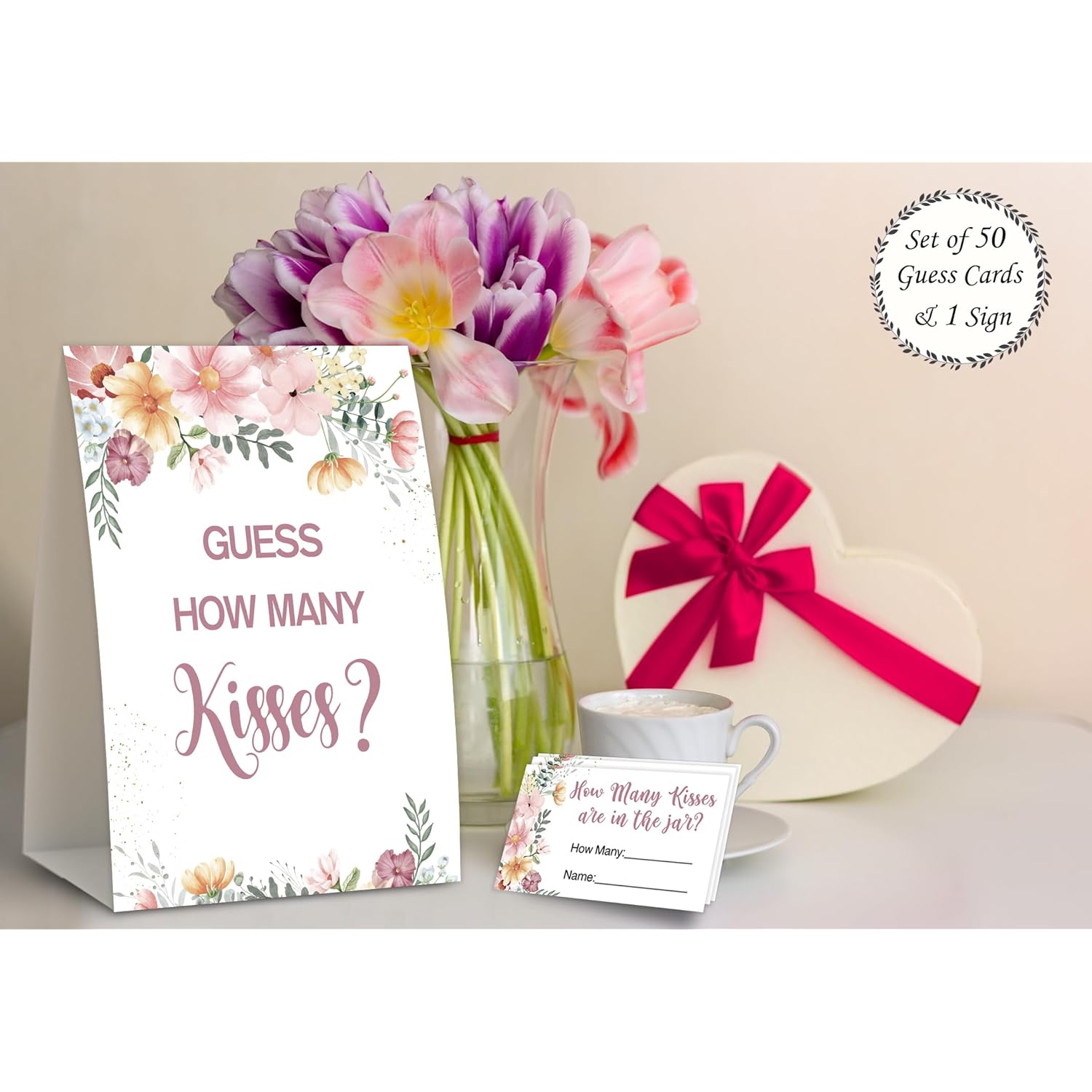 Boho Floral Theme How Many Kisses Bridal Shower Game,Wedding Shower,Bridal Shower Decorations,Popular Bridal Shower Games,Engagement Party Game,Set Including 1 Sign And 50 Guessing Cards-06