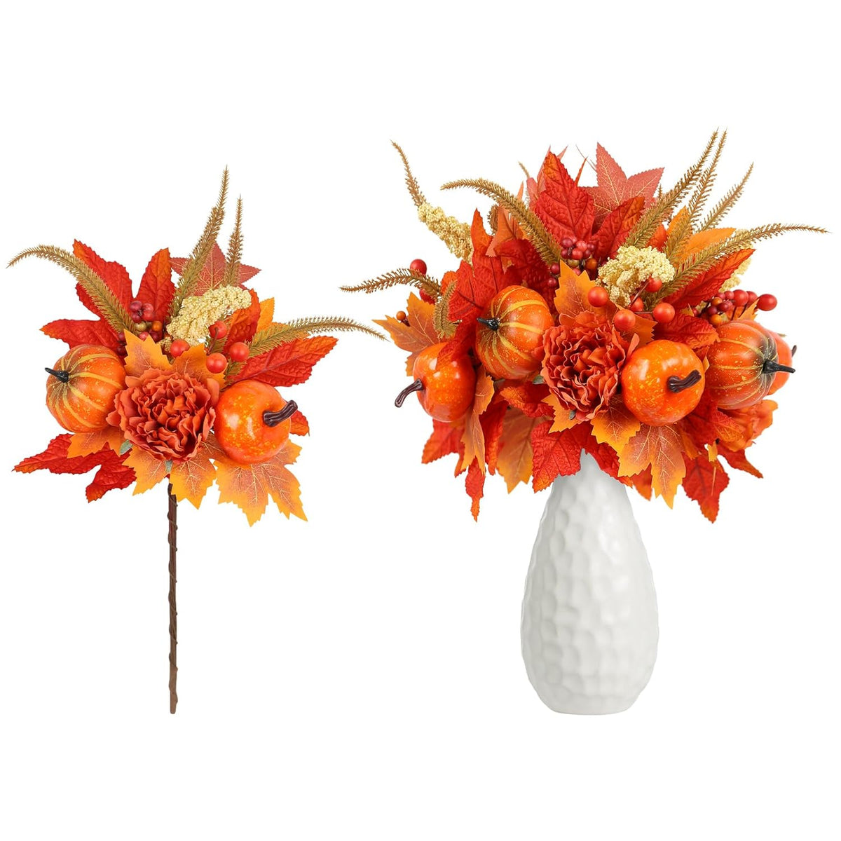 Fall Decor, 4Pcs Artificial Autumn Pumpkin Berry Flower Maple Plant Stems Picks Vase Decorations, For Home Harvest Holiday Halloween Thanksgiving Table Indoor Decor