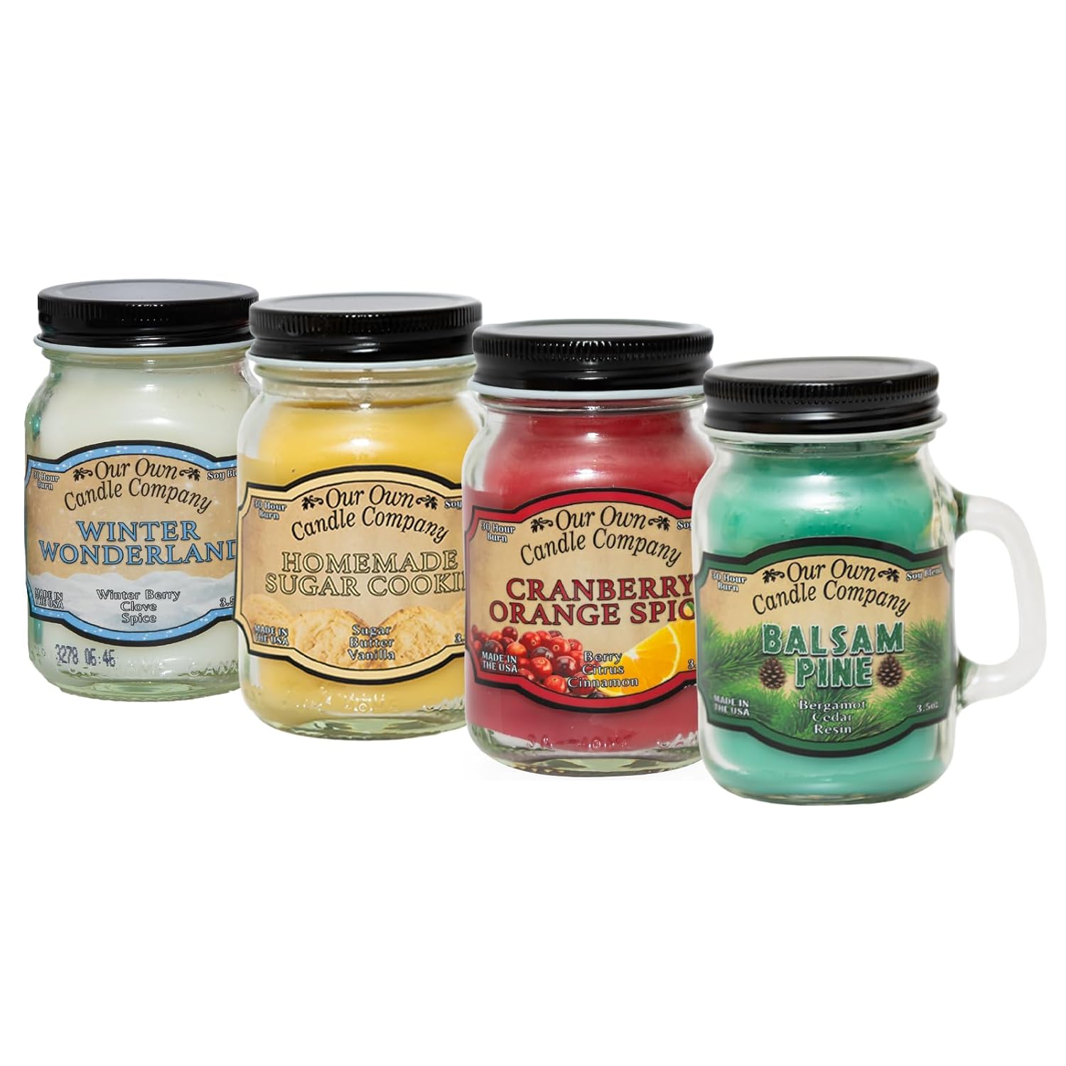 4 Pack Mini Mason Jar Candles - 3.5 Oz Balsam Pine, Cranberry Orange Spice, Homemade Sugar Cookie, Winter Wonderland