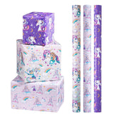 Unicorn Birthday Wrapping Paper Roll For Kids Girls Women, Purple Unicorn Wrapping Paper Rolls, Castle & Rainbow Gift Wrap For Birthday, Baby Shower Party Favor, 17 X 120 Inches, 3 Rolls
