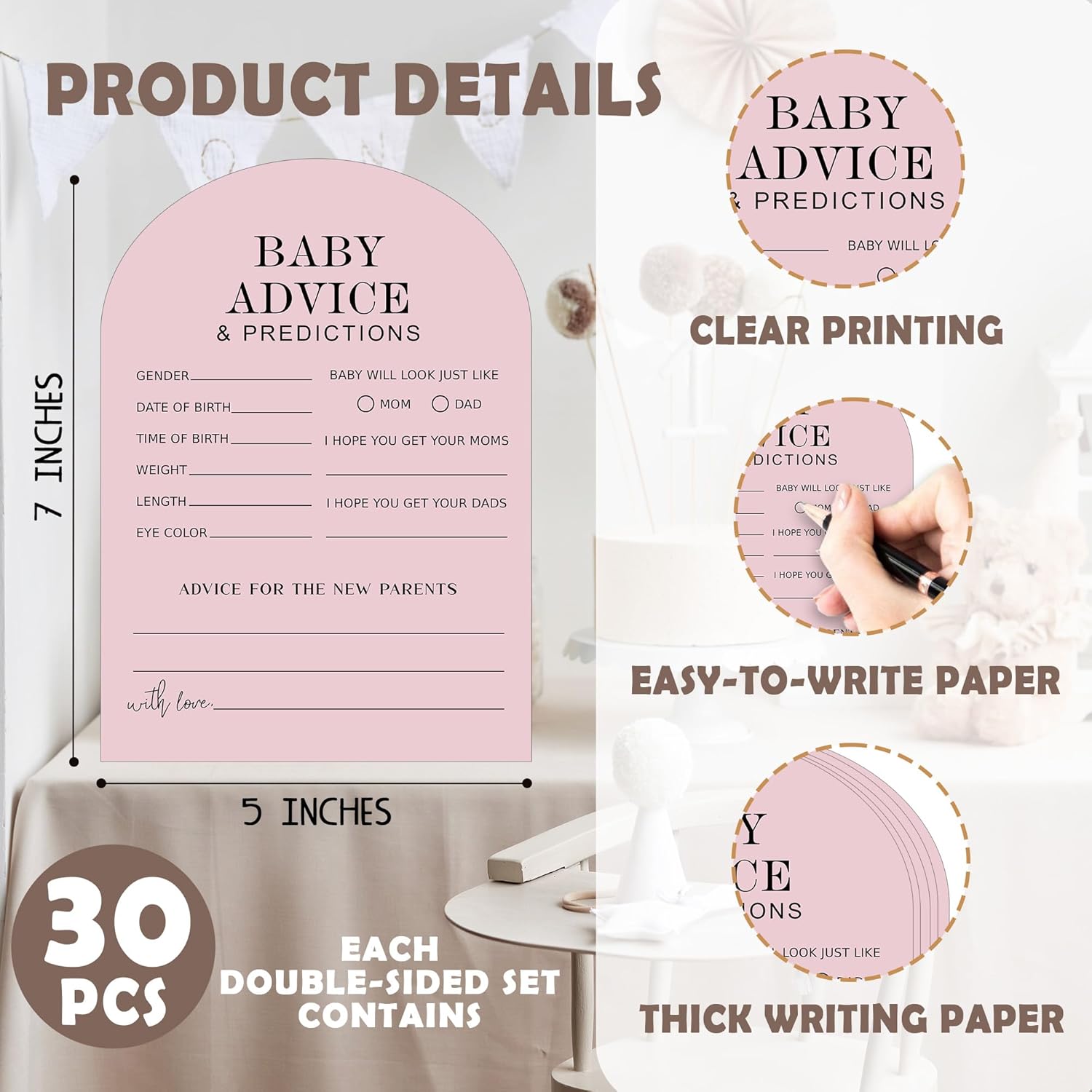 Baby Predictions And Advice Cards - 30Pcs Gender Reveal Games For Guests, 5 X 7 In Baby Shower Activities For Guests, Gender Neutral Decor Table Decorations For New Parents-Pink