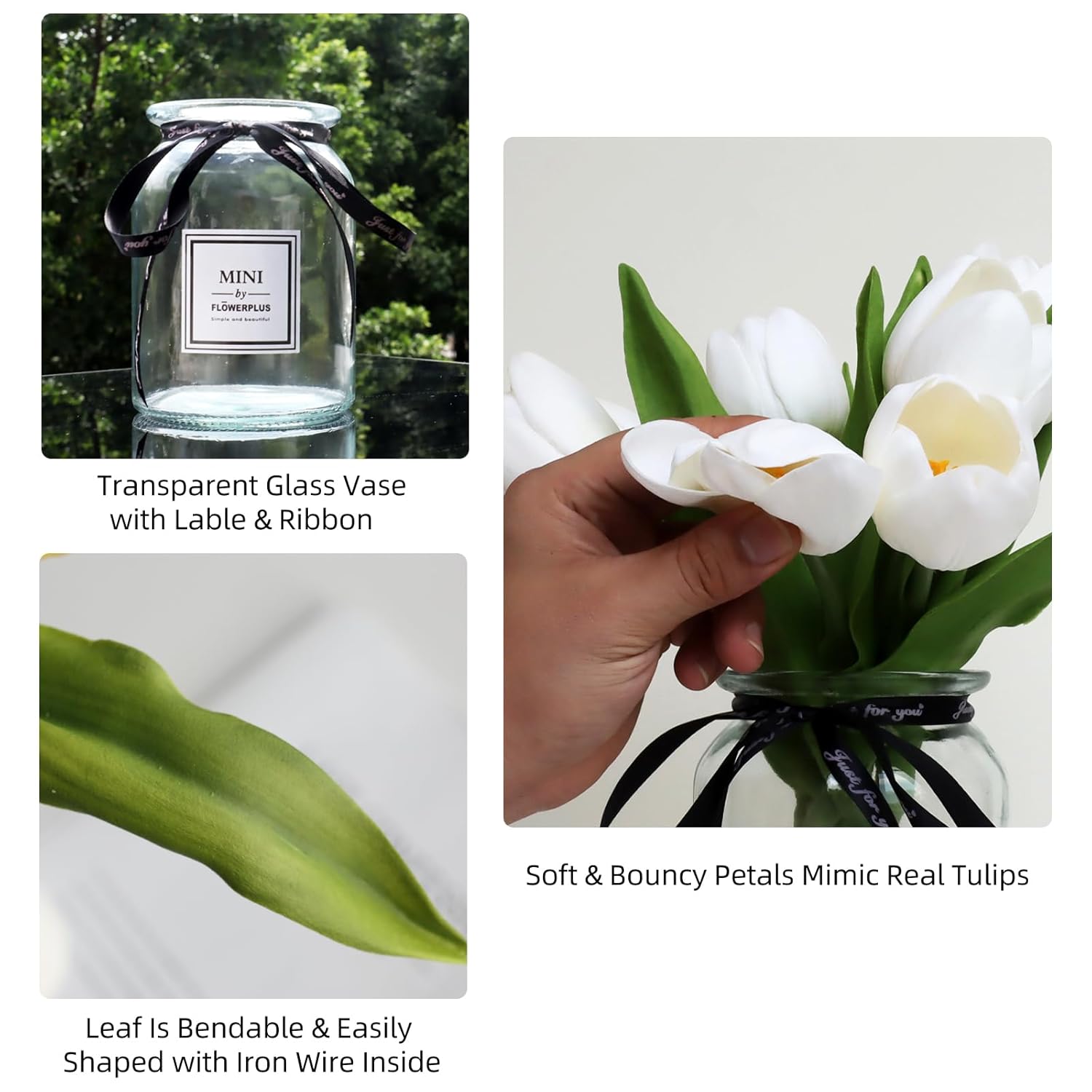 10Pcs Fake Faux Tulips In Vase,Silk White Tulipanes Tulips Artificial Flowers Real Touch Arrangements With Vase For Desk Table Decoration Home Decor