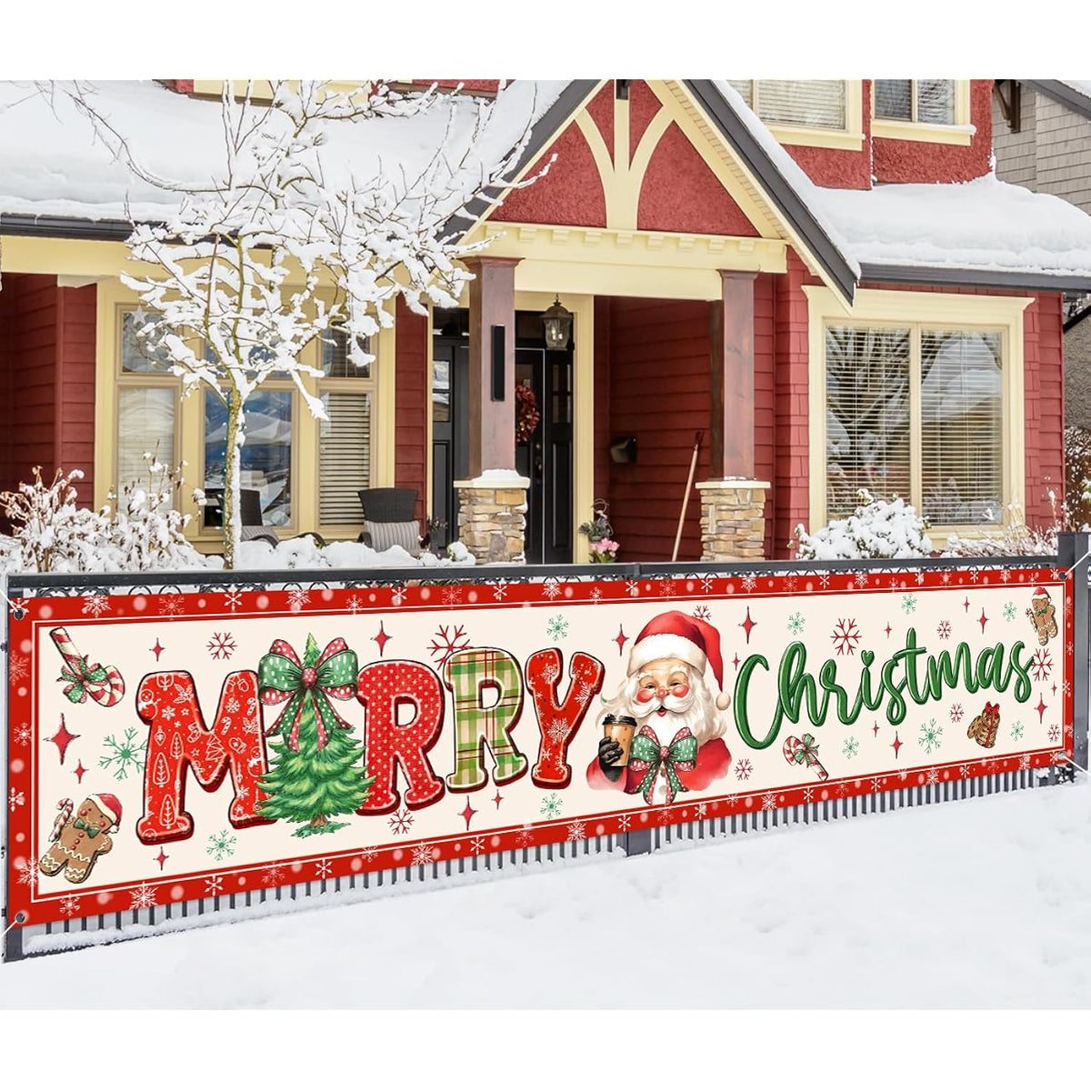 Large Christmas Banner Christmas Outdoor Decorations,Red Bow And Santa Claus Yard Sign,Merry Xmas Banner For Indoor/Outdoor Xmas Party Happy New Years Celebration