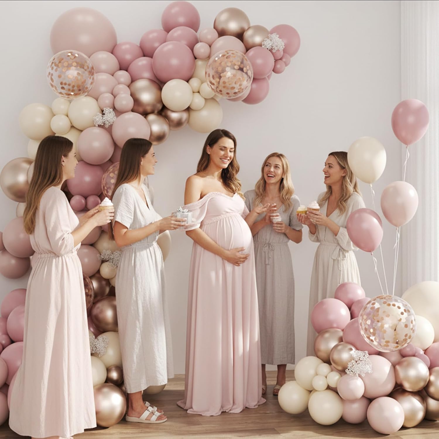 Dusty Pink And Rose Gold Balloon Arch Kit, 134Pcs Double Stuffed Light Pink Dusty White Metallic Gold Confetti Balloons Garland Kits For Birthday Wedding Baby Shower Bridal Party Decorations