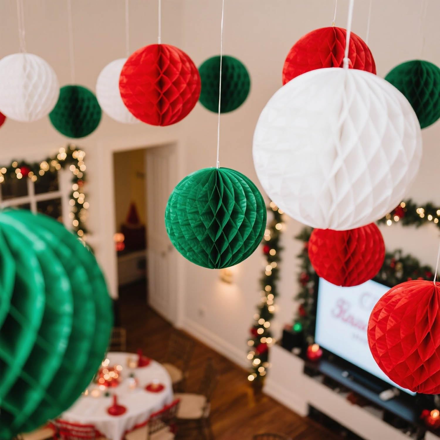 Red White And Green Paper Honeycomb Flower Balls-12 Pcs 6" 10" Tissue Pompoms Suitable For Birthdays Graduation Weddings And Christmas Theme Party Decoration
