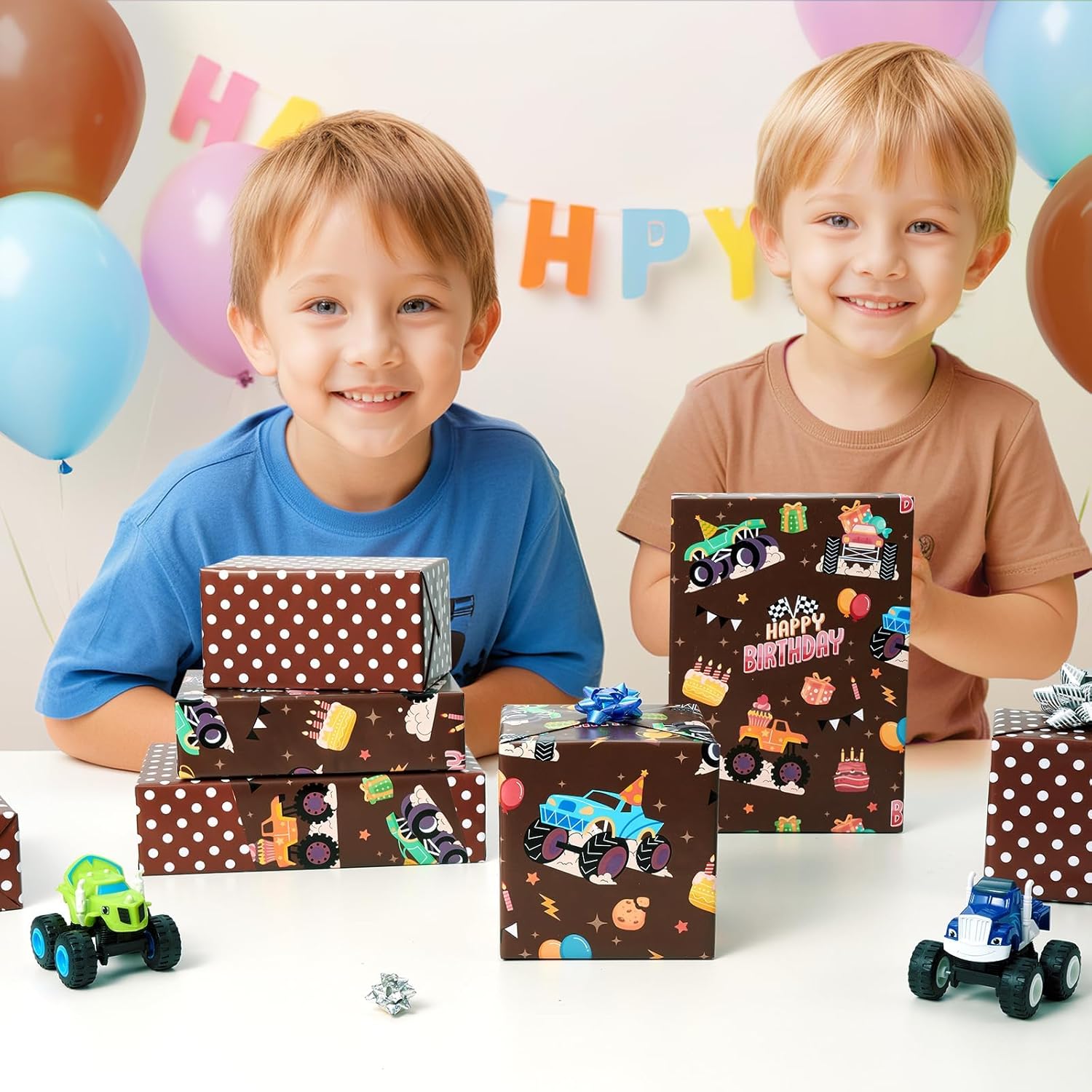 Monster Truck Wrapping Paper Roll - 1 Roll 17” X 33 Ft Brown Happy Birthday Wrapping Paper For Boys Kids Reversible Monster Trucks Gift Wrap For Racing Car Party Decorations Supplies