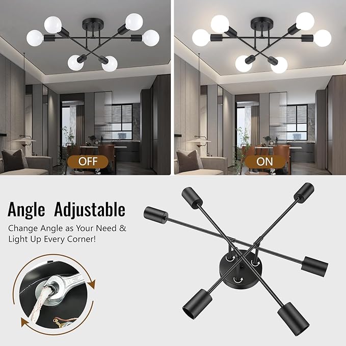 6 Light Modern Sputnik Chandelier Semi Flush Mount Ceiling Fixture for Living Room