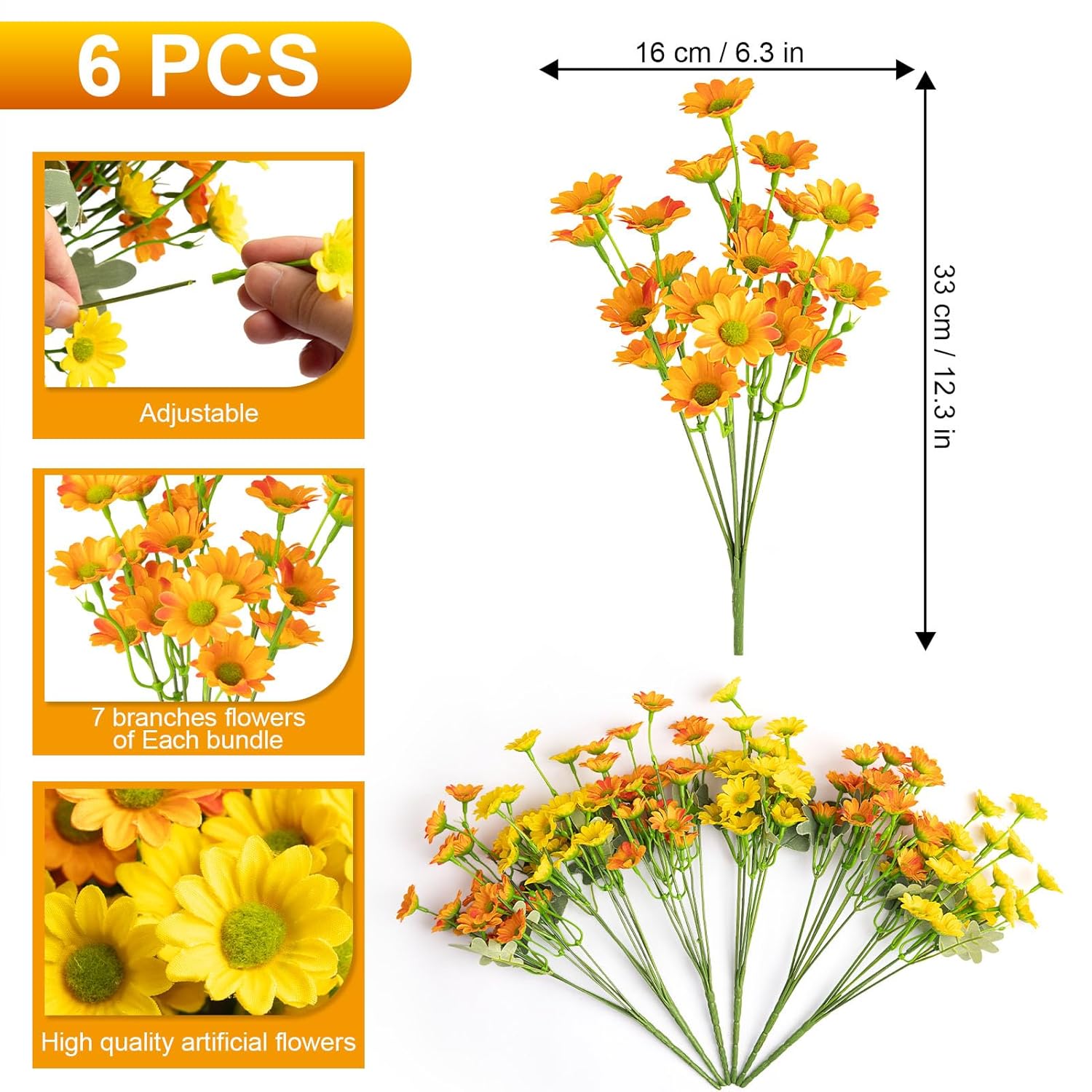 Daisy Artificial Fake Flowers Plants For Outdoor Outside Fall Decor, 6 Bundles Fake Mums Uv Resistant Look Real For Planter Pot Porch Patio Balcony Garden Yard (Orange Yellow)