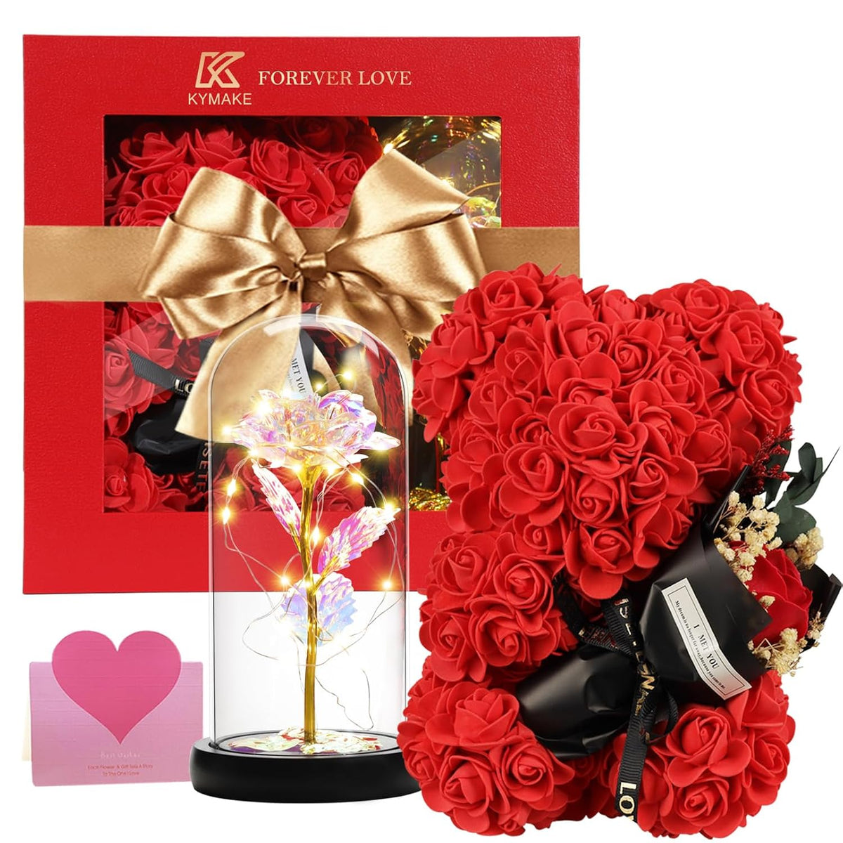Valentines Day Gift For Her Women Mom Wife Girlfriend, Rose Bear & Beauty And The Beast-Inspired Rainbow Light-Up Roses Gift Set – Perfect For Valentine’S, Birthday Mother’S Day,And Anniversary