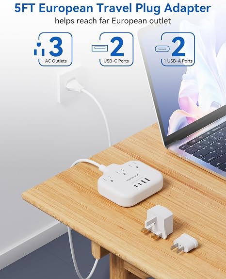 International Travel Power Strip 3 Outlets 4 USB 2 USB C 5FT Adapter White