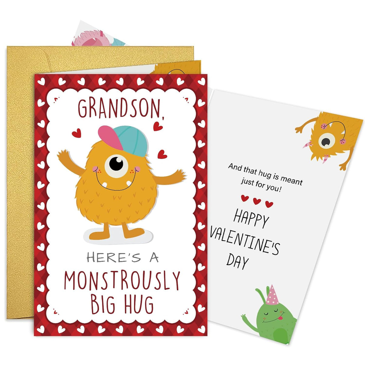 Funny Grandson Valentine'S Day Card Gift, Cute Monster Valentines Card For Grandson, Here'S A Monstrously Big Hug