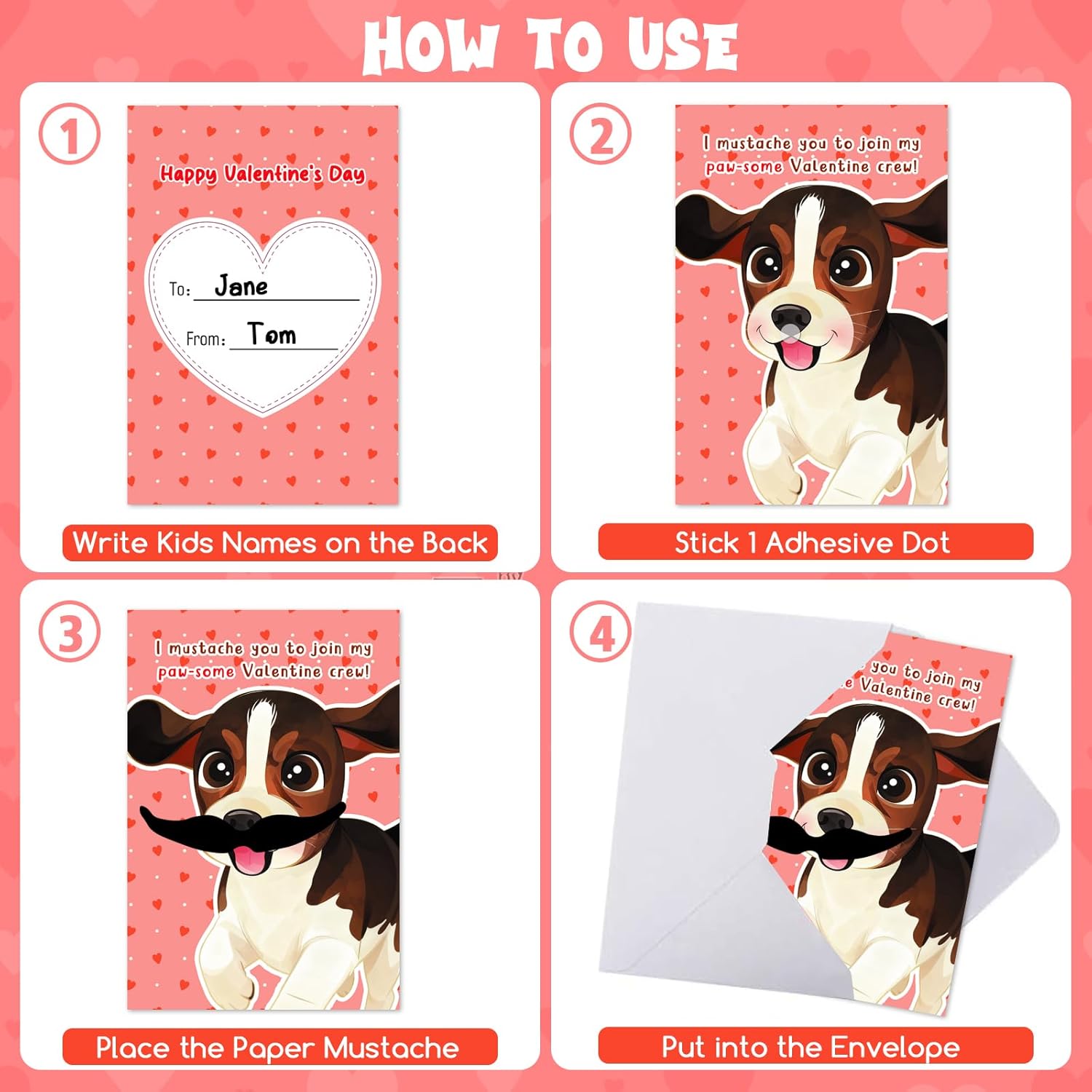 24Pcs Valentines Day Cards For Kids, Funny Valentine’S Day Greeting Cards With Mustaches For Classroom Exchange Activity, Kids Valentine Exchange Gift Card For Class Party, 6 Cute Puppy Designs