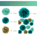 12Pcs Teal Turquoise Aqua Gold Party Paper Flowers Pom Poms For Backdrop Streamers Birthday Wedding Baby Bridal Shower Bachelorette Christmas Nursery Wall Hanging Décor