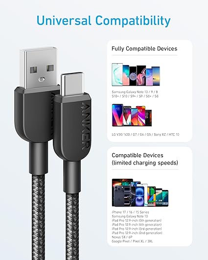2 Pack USB A to USB C Cable 6FT Fast Charging Charger Cord for iPhone 17 Samsung Galaxy LG Black