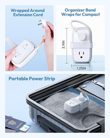 20W Travel Power Strip 4 Outlets 3 USB 1 USB C 4 Ft Extension Cord Flat Plug