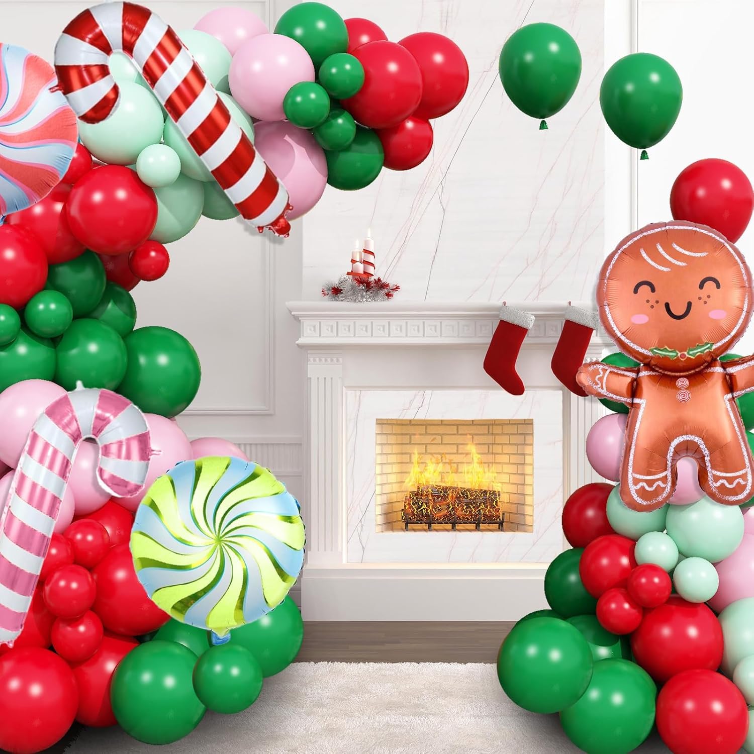 Christmas Balloon Arch, Pink Green Christmas Balloons, Green Pink Red Christmas Balloon Garland Kit, Pink Green Christmas Party Balloons With Christmas Cane Candy Gingerbread Man Foil Balloons