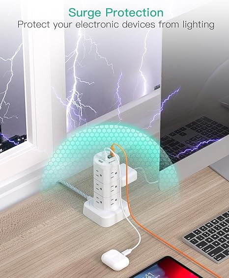 Tower Surge Protector Power Strip with 12 Outlets 4 USB Ports 6FT Flat Plug Extension Cord 1080J