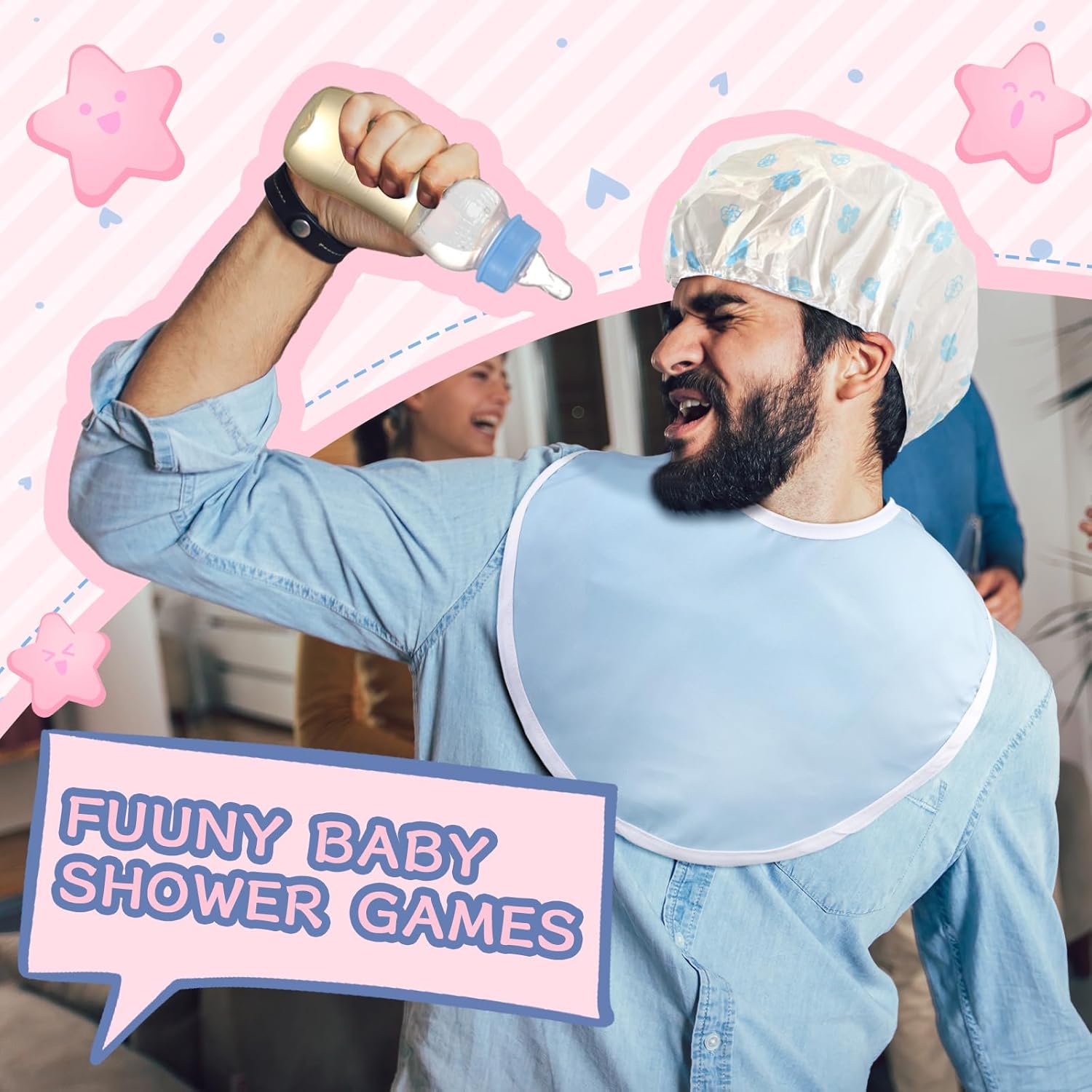 8 Sets Bottle Chug Baby Shower Games Plastic Baby Bottles Bulk Diapers Gender Reveal Games Hat And Adult Bib Race Game Decoration For Girl Adults (Modern Style,Blue)