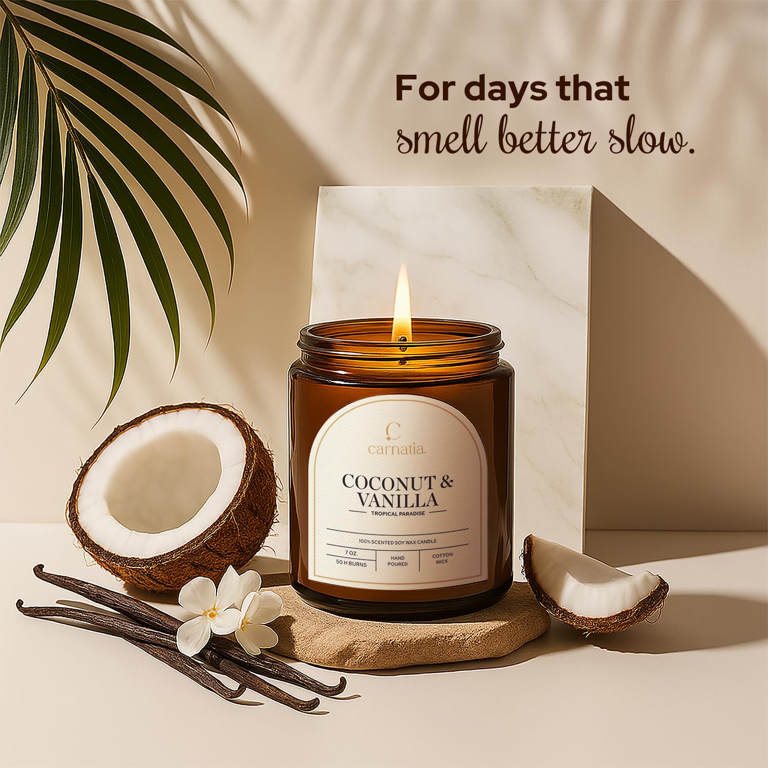 Coconut & Vanilla Scented Candle – 7 Oz | 100% Soy Wax With Cotton Wick | 50 Hour Burn | Aromatherapy Candle For Home, Stress Relief & Relaxation | Gift For Women & Men
