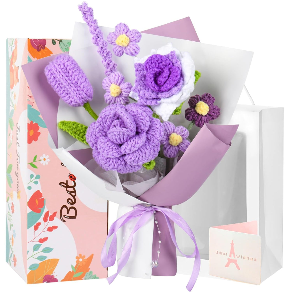 Purple Crochet Flower Bouquet, Handmade Crochet Flowers, Knitted Flowers Gift For Her, Gift For Women With Gift Box, Bag And Card