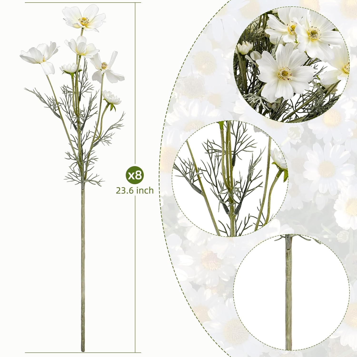8 Pcs 23.6 Inch Artificial Cosmos Branch White Fake Cosmos Flowers Silk Flower For Indoor Outdoor Kitchen Garden Party Home Wedding Floral Arrangement Decoration (White)